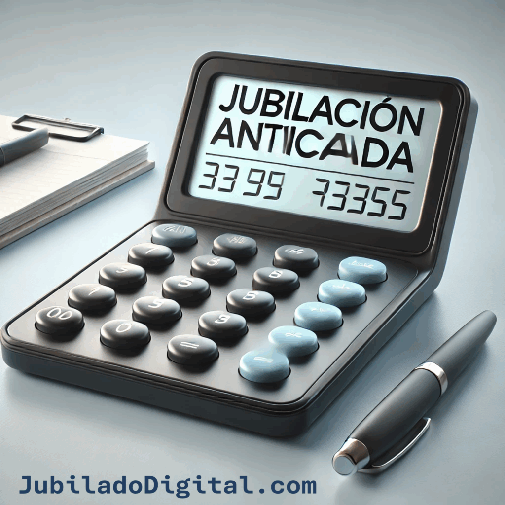 Imagen de una calculadora con el texto "Jubilación anticipada" en la pantalla, representando el cálculo de la pensión de jubilación en España.