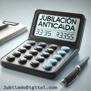 Imagen de una calculadora con el texto "Jubilación anticipada" en la pantalla, representando el cálculo de la pensión de jubilación en España.