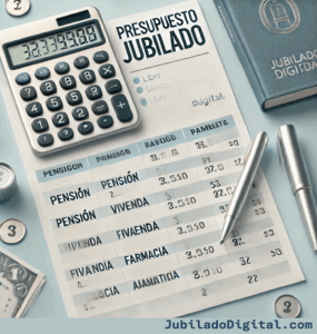 Imagen con una hoja de presupuesto mensual, calculadora, libreta del banco y bolígrafo, representando la planificación financiera del jubilado español.