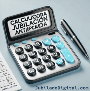 Imagen de una calculadora moderna con el texto “Calculadora Jubilación Anticipada” en la pantalla, junto a un bolígrafo y un bloc de notas, sobre una mesa azul claro. Aparece el sitio web JubiladoDigital.com.