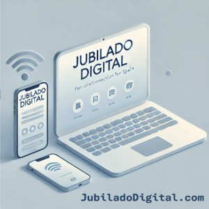 Portátil y móvil mostrando JubiladoDigital.com como símbolo de conexión digital para jubilados en España