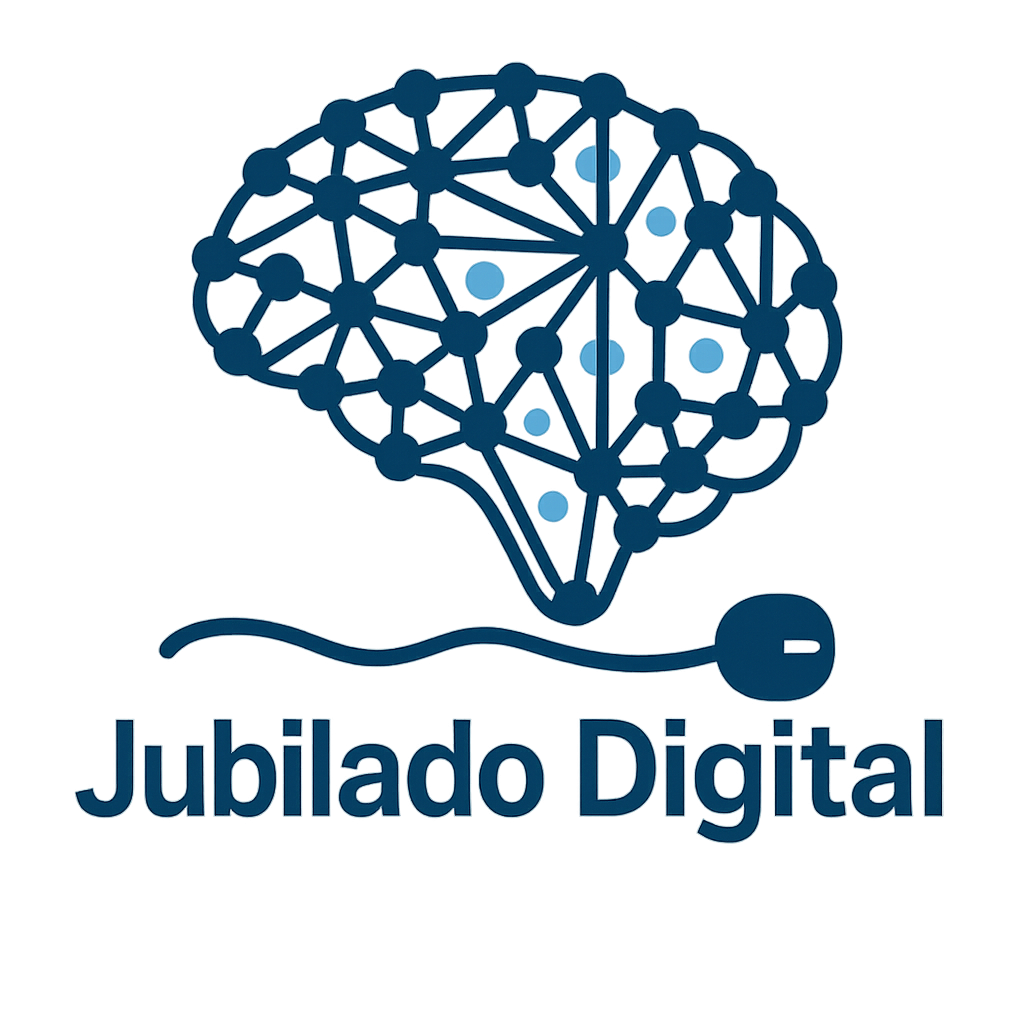 Logotipo de Jubilado Digital: cerebro interactuando y pensando con un ratón de ordenador.