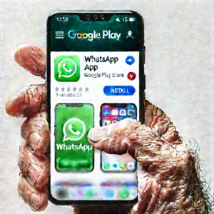 Captura de pantalla de un móvil con la aplicación WhatsApp abierta en Google Play Store, mostrando el botón de instalar, pensada para ayudar a jubilados españoles.