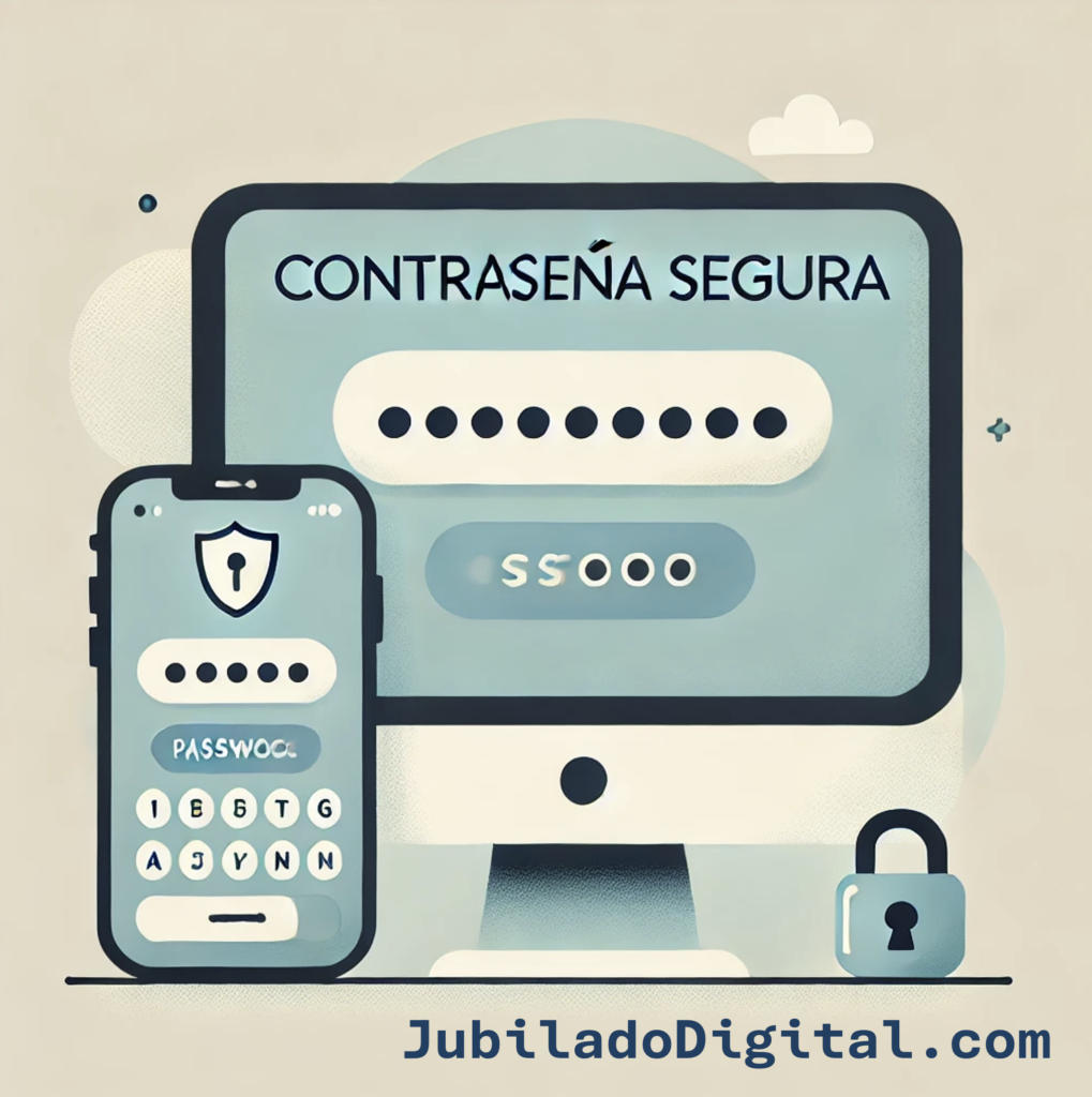Ilustración de ordenador y móvil mostrando el texto “Contraseña segura” con iconos de seguridad digital como candado y escudo