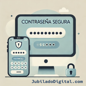 Ilustración de ordenador y móvil mostrando el texto “Contraseña segura” con iconos de seguridad digital como candado y escudo