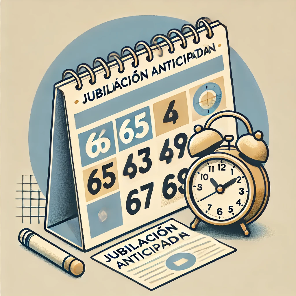 Ilustración de calendario y relojes mostrando la edad mínima de jubilación y la opción de jubilación anticipada en España