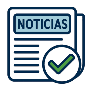 Icono de periódico con la palabra ‘NOTICIAS’ en azul y un círculo con un check verde, representando noticias y actualidad para jubilado digital en España