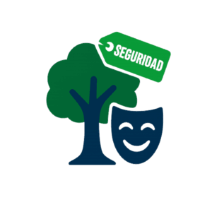 Icono de un árbol con follaje verde oscuro, máscara teatral azul y etiqueta verde “SEGURIDAD”, representando planes y actividades para el jubilado digital en España.