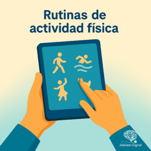 lustración flat de un par de manos sosteniendo una tablet con iconos de ejercicio (correr, andar, natación, gimnasio y baile) sobre un fondo degradado de beige pastel a turquesa, con el logotipo de Jubilado Digital en la esquina inferior derecha.