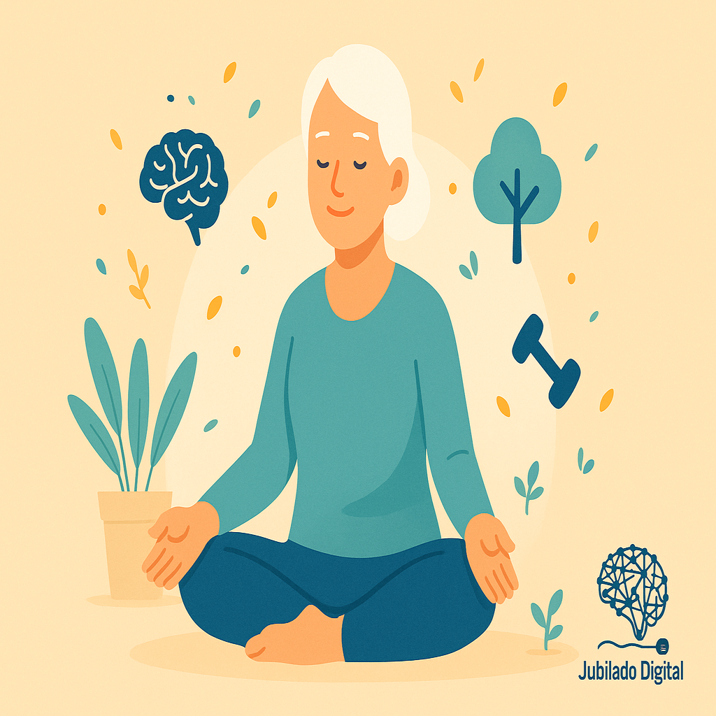 Mujer mayor en postura de yoga: Salud física y mental para jubilados españoles