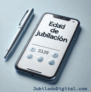 Ilustración de un móvil sobre fondo azul con la pantalla que muestra "Edad de jubilación", acompañado de un bolígrafo. Representa una herramienta digital útil para cualquier jubilado en España que quiera calcular cuándo podrá jubilarse.
