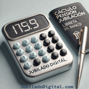Calculadora de pensión de jubilación con libreta del banco y bolígrafo, pensada para el jubilado español. Herramienta de JubiladoDigital.com.