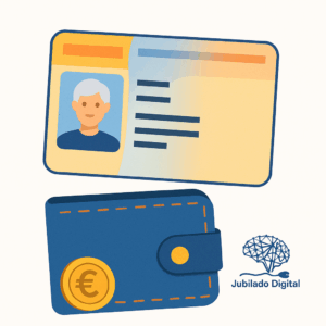 Ilustración de un DNI y una cartera con el logotipo de Jubilado Digital en la esquina inferior derecha.