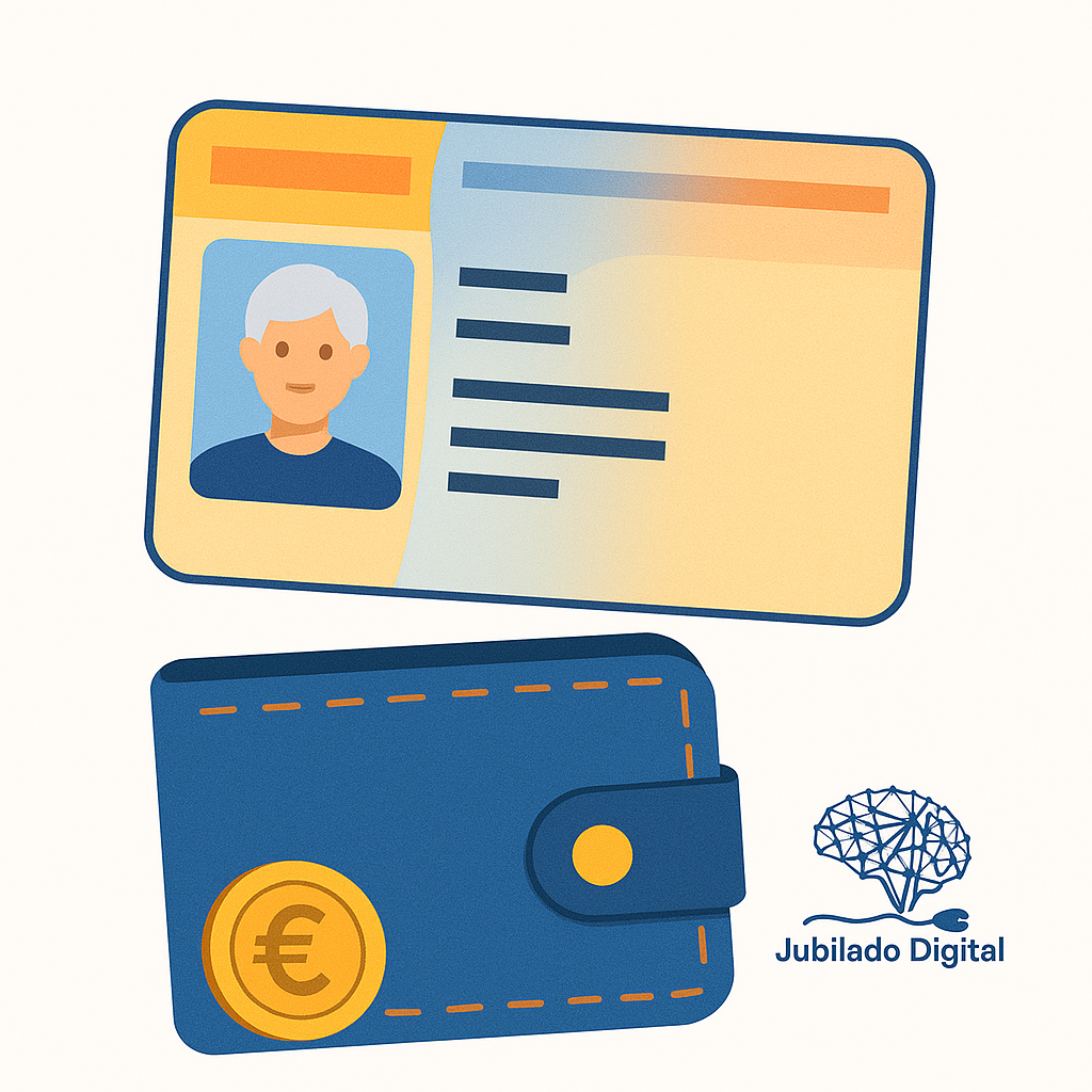 Ilustración de un DNI y una cartera con el logotipo de Jubilado Digital en la esquina inferior derecha.