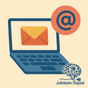 Ilustración con un ordenador portátil, un sobre de correo en la pantalla y el símbolo @, acompañados del logotipo de Jubilado Digital en la esquina inferior derecha.