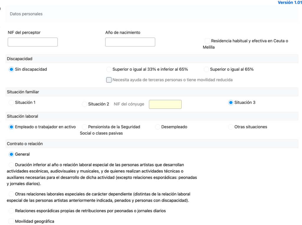Captura de pantalla del formulario del simulador de retenciones IRPF de la Agencia Tributaria, con campos de datos personales y situación laboral.