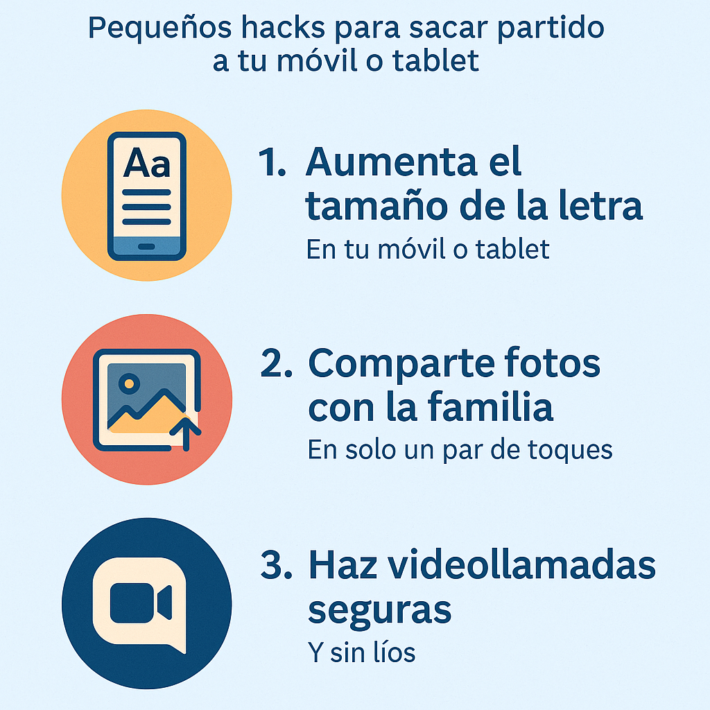 Infografía con tres trucos tecnológicos para jubilados: aumentar el tamaño de la letra, compartir fotos y hacer videollamadas seguras.