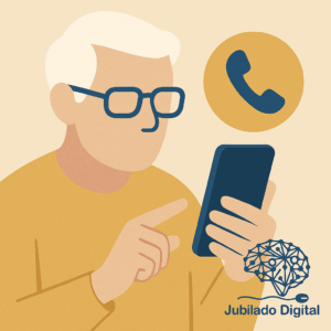 Ilustración de un jubilado usando un smartphone con un icono de llamada y el logotipo de Jubilado Digital.