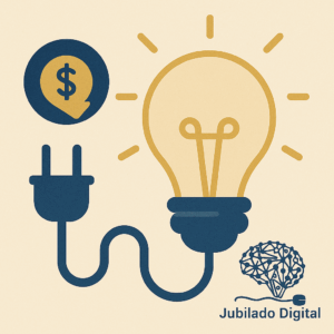 Ilustración con una bombilla encendida, símbolo de ahorro y el logotipo de Jubilado Digital, representando ideas para reducir la factura eléctrica.