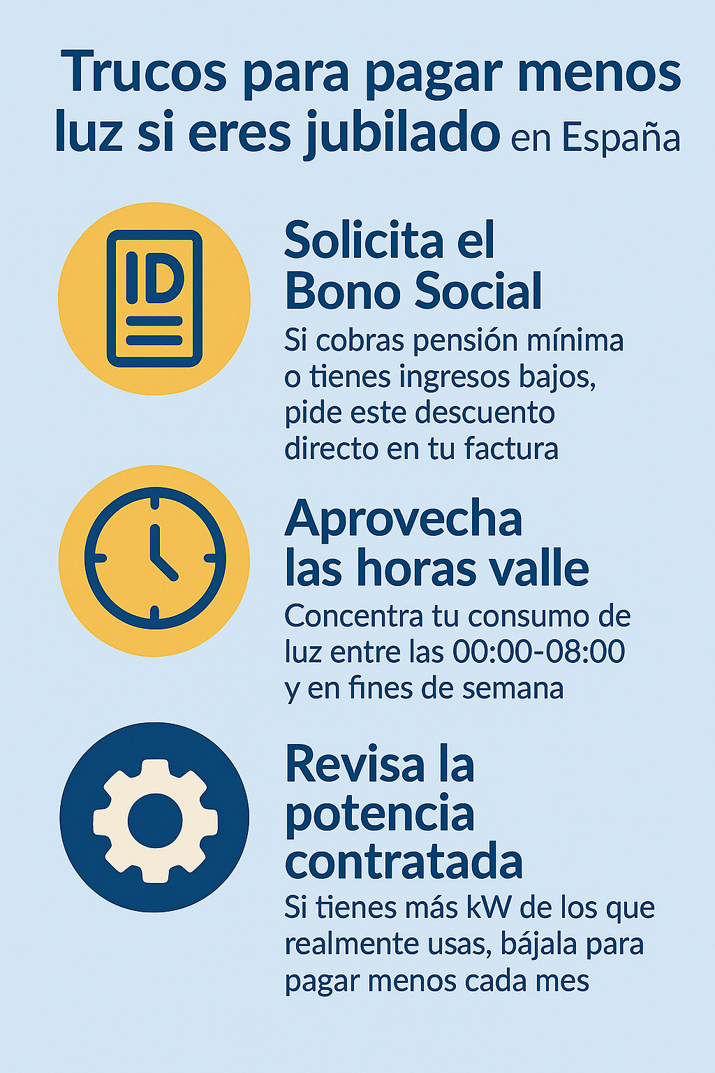 Infografía con 3 trucos para pagar menos luz si eres jubilado en España: bono social, horas valle y potencia contratada.