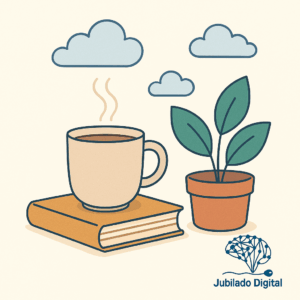 Ilustración en estilo flat con una taza de infusión sobre un libro, una planta y nubes flotantes. Fondo en tono claro y logotipo de Jubilado Digital en la esquina inferior derecha. Representa calma y bienestar asociados al buen descanso en la jubilación.