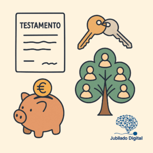 Ilustración sencilla en tonos suaves que muestra un testamento, una hucha con moneda de euro, un árbol genealógico y unas llaves, simbolizando la planificación de herencias en la tercera edad. Logo de Jubilado Digital en la parte inferior derecha.