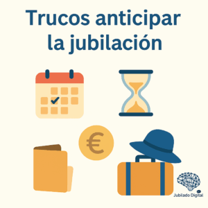 Ilustración con símbolos sobre anticipar la jubilación en España: calendario, reloj de arena, carpeta, moneda euro y maleta con sombrero, con el logotipo de Jubilado Digital.